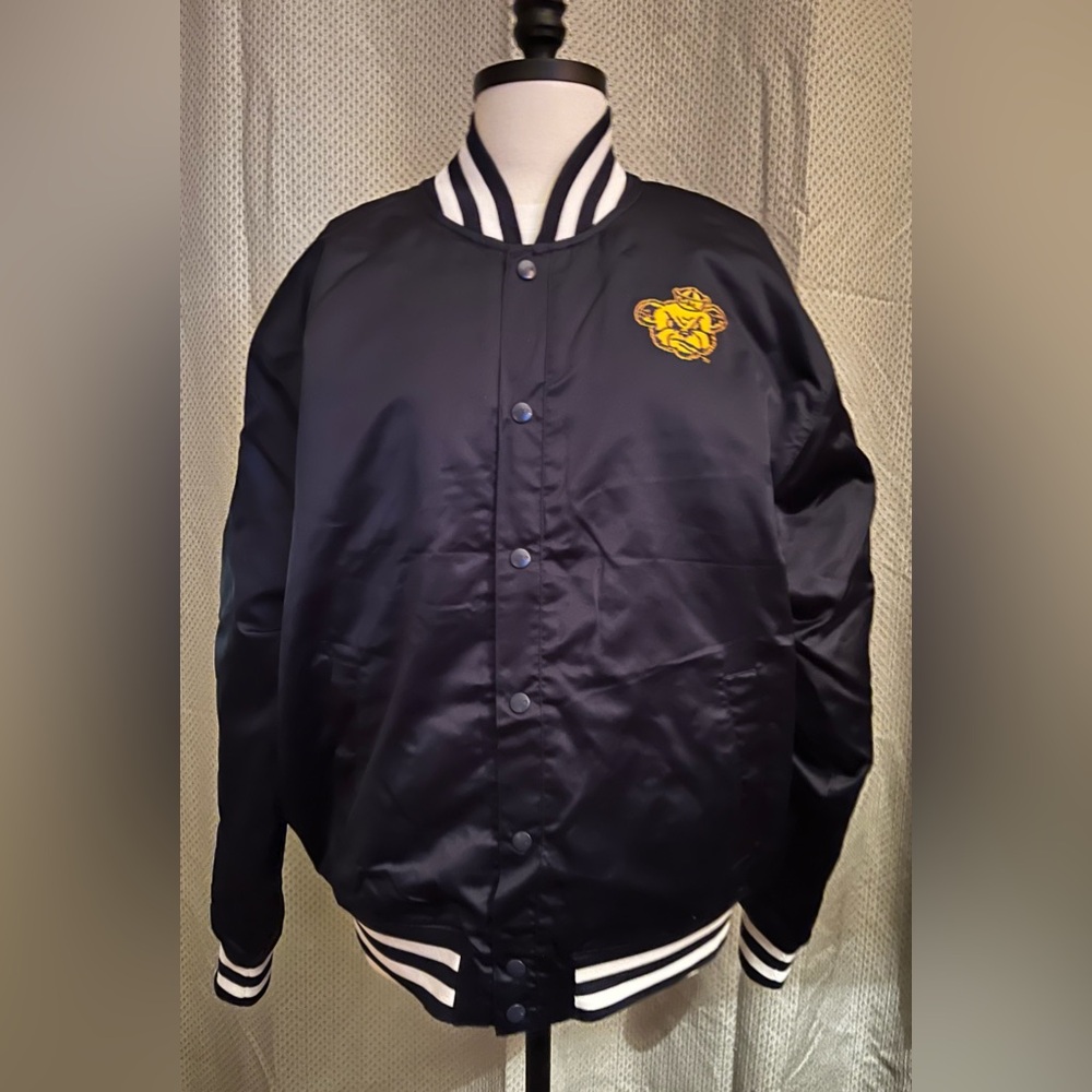Champion Navy Blue Satin Varsity Bomber